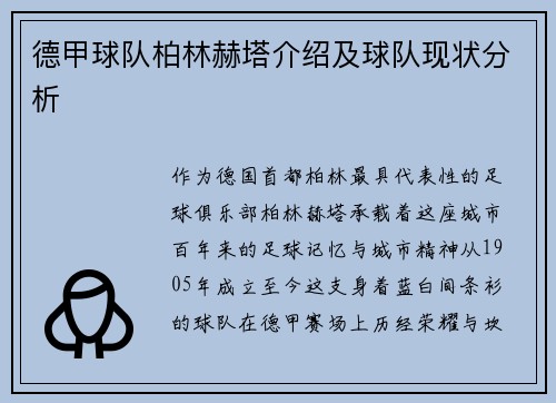 德甲球队柏林赫塔介绍及球队现状分析