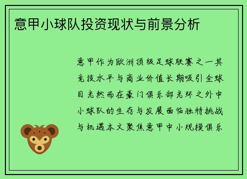 意甲小球队投资现状与前景分析